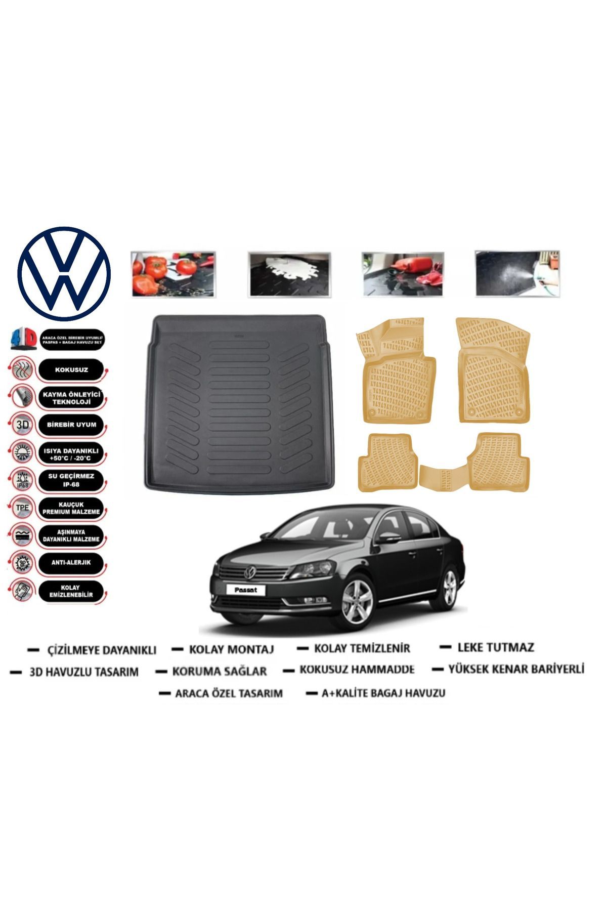 Volkswagen Passat B7 2011 Model Bagaj Havuzu+Araca Özel Bej Paspas Takımı Flex