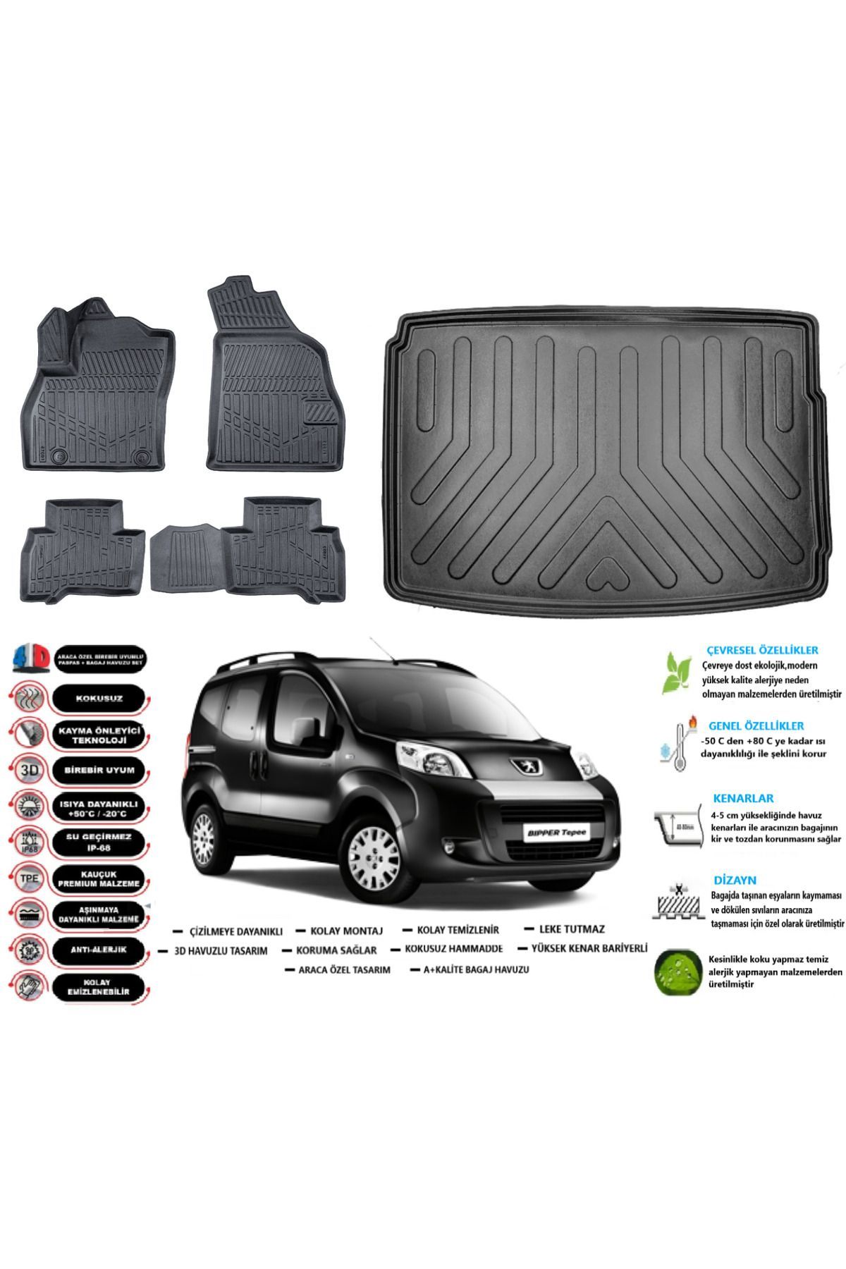 Peugeot Bipper 2011 Model Esnek Bagaj Havuzu Araca Özel Siyah Paspas Seti