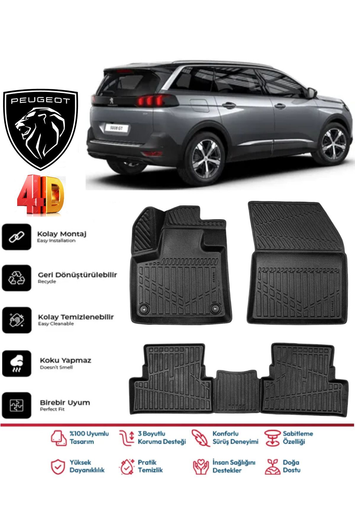 Peugeot 5008 2017-2024 4.5D Plus Havuzlu Siyah Paspas Takımı Yumuşak