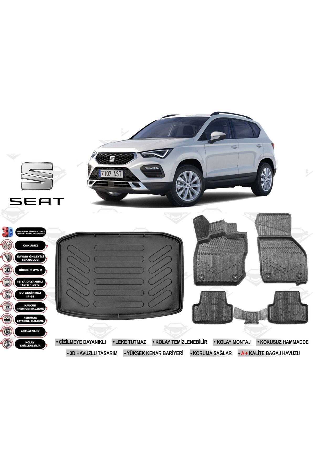 Seat Ateca 4x4 2018 Model Bagaj Havuzu Araca Özel Siyah Kokusuz Havuzlu Paspas Takımı