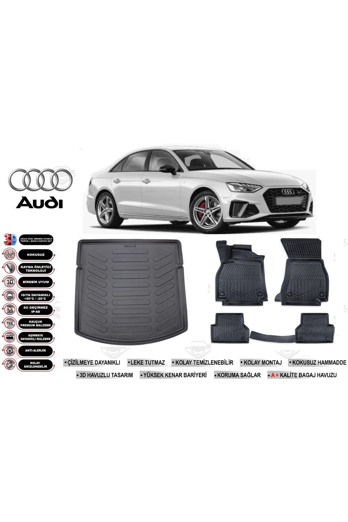 Audi A4 2017 Model Bagaj Havuzu Araca Özel Siyah Extra Havuzlu Paspas Takımı
