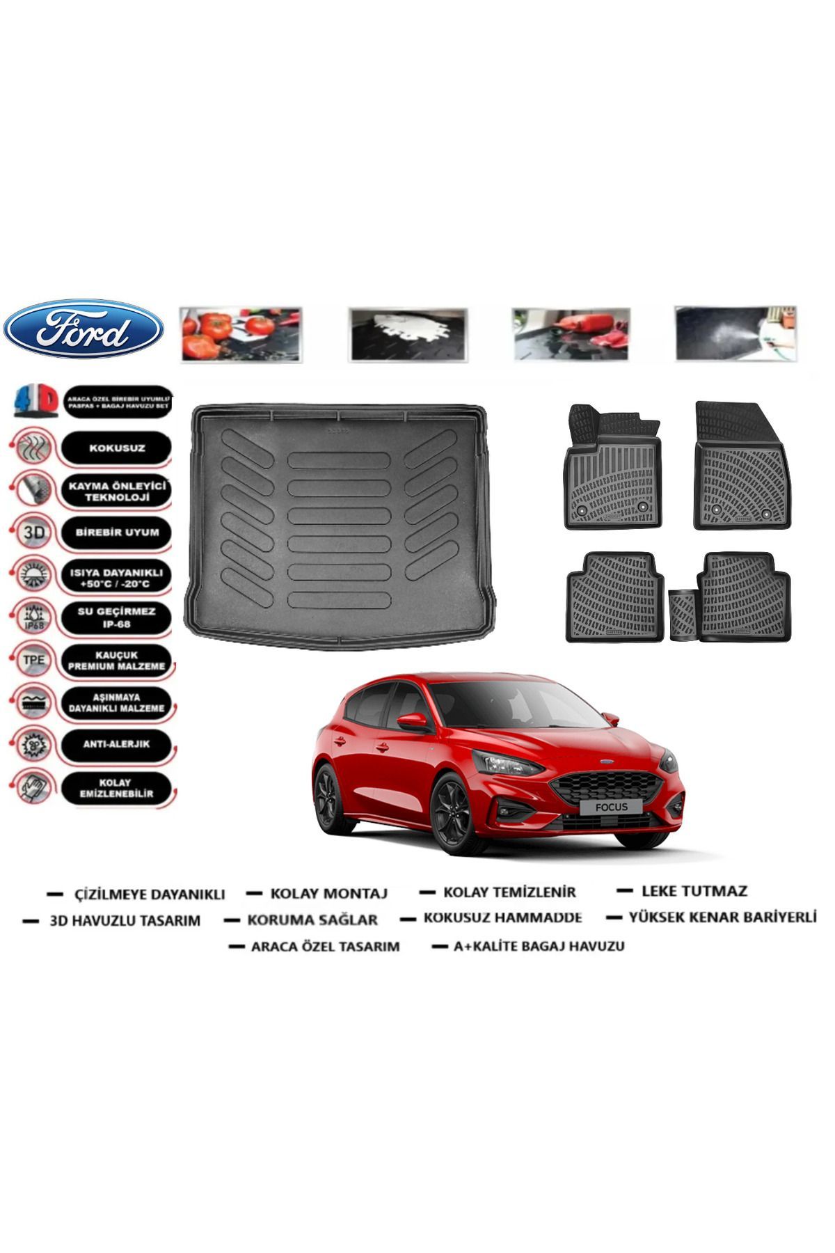 Ford Focus 4 HB 2019 Model Tamir Kitli Bagaj Havuzu Araca Özel Paspas Takımı Prrox