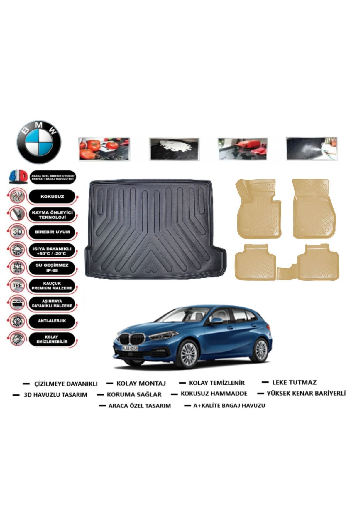 Bmw 1 serisi F40 2020 Model Üst Bagaj Havuzu+Araca Özel Bej Paspas Takımı Flex