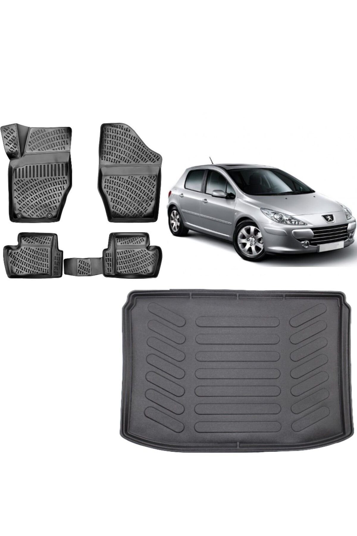Peugeot 307 Hatchback 2003 Model 3D Bagaj Havuzu+3D Havuzlu Araca Özel Paspas Takımı