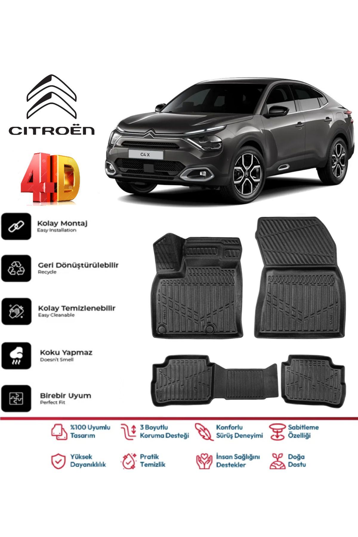 Citroen C4X Elektrikli 2023 Ve Sonrası 4D Extra Havuzlu Paspas Pro Serisi Paspas Takımı Kokusuz