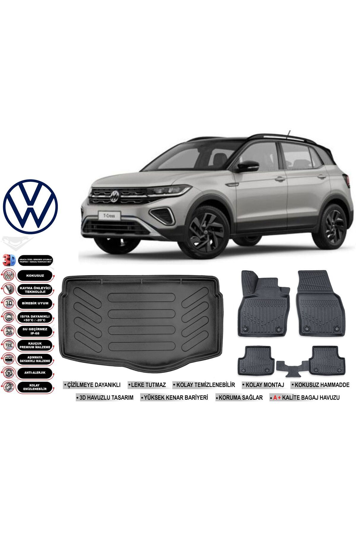 Volkswagen T-Cross 2023 Model Alt Bagaj Havuzu Araca Özel Siyah Havuzlu Paspas Takımı Sett