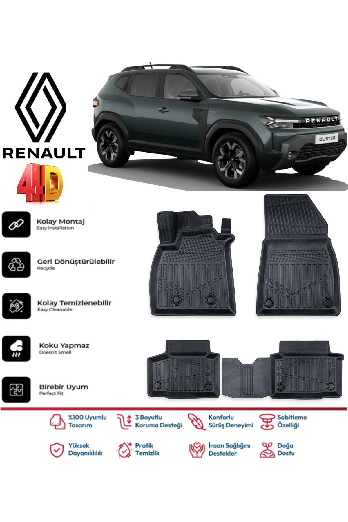 Renault Duster Mild hybrid 4x4 2024 Ve Sonrası 4D Havuzlu Paspas Pro Serisi Paspas Takımı Kokusuz