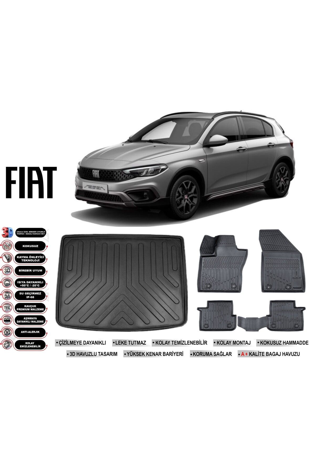 Fiat Egea Cross 2022 Model Uyumlu Tamir Kitli Bagaj Havuzu Araca Özel Havuzlu Paspas Takımı Set