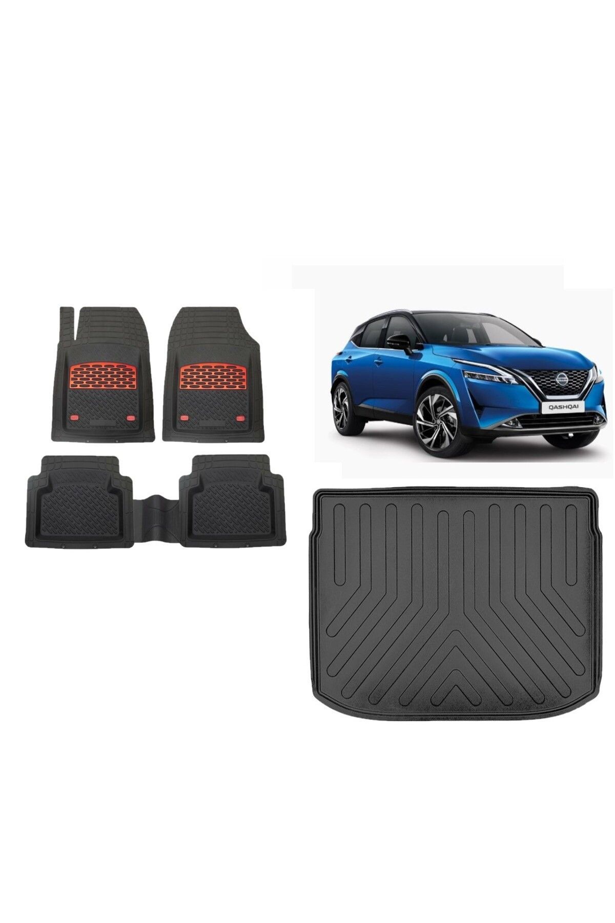 Nissan Qashqai 2024 Model Üst 3D Bagaj Havuzu+3D Havuzlu Safirr Kırmızı Kromlu Paspas