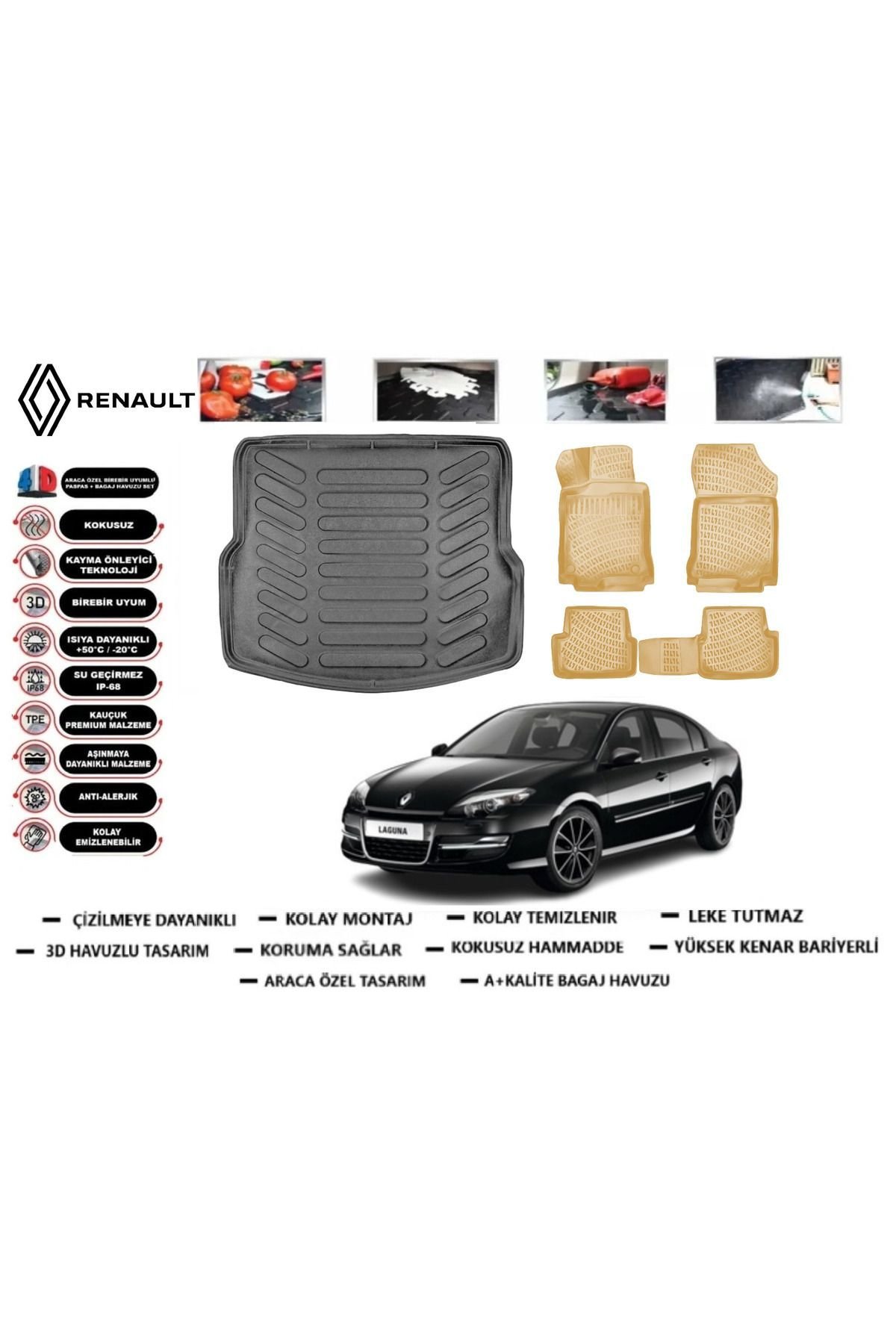 Renault Laguna 3 2010 Model Bagaj Havuzu+Araca Özel Bej Paspas Takımı Flex