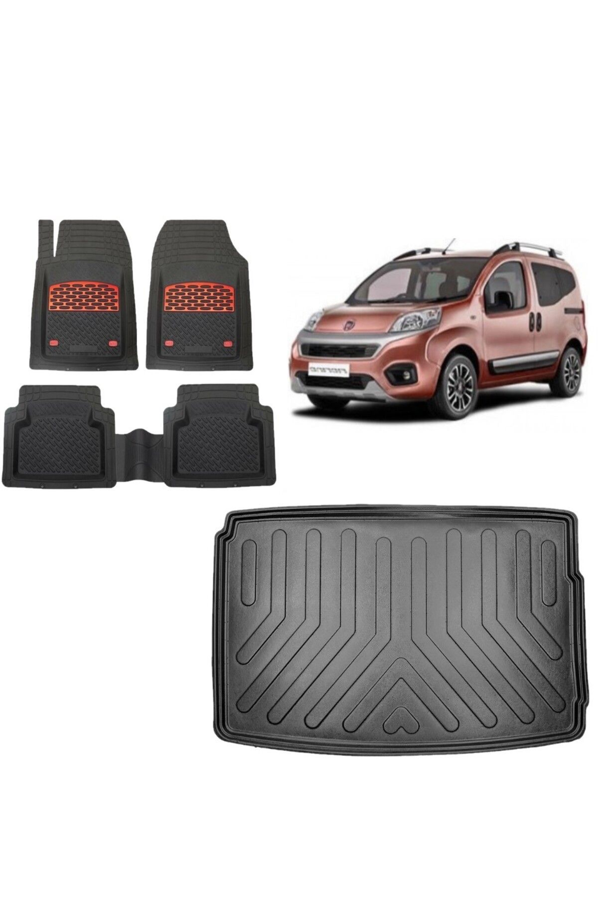 Fiat Fiorino 2022 Model Halılı Zemin 3D Bagaj Havuzu+3D Havuzlu Safirr Kırmızı Kromlu Paspas