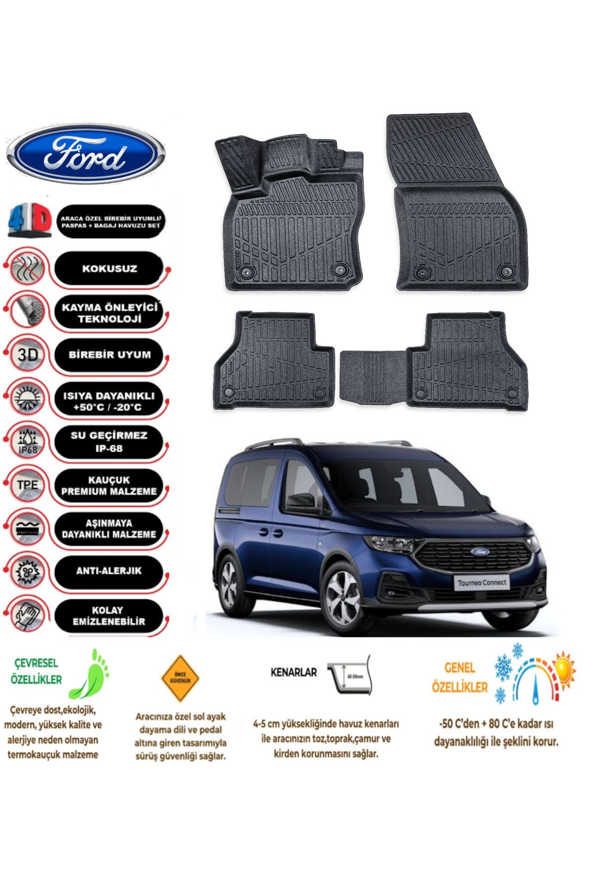Ford Connect 2022 Model 4D Araca Özel Havuzlu Paspas Takımı