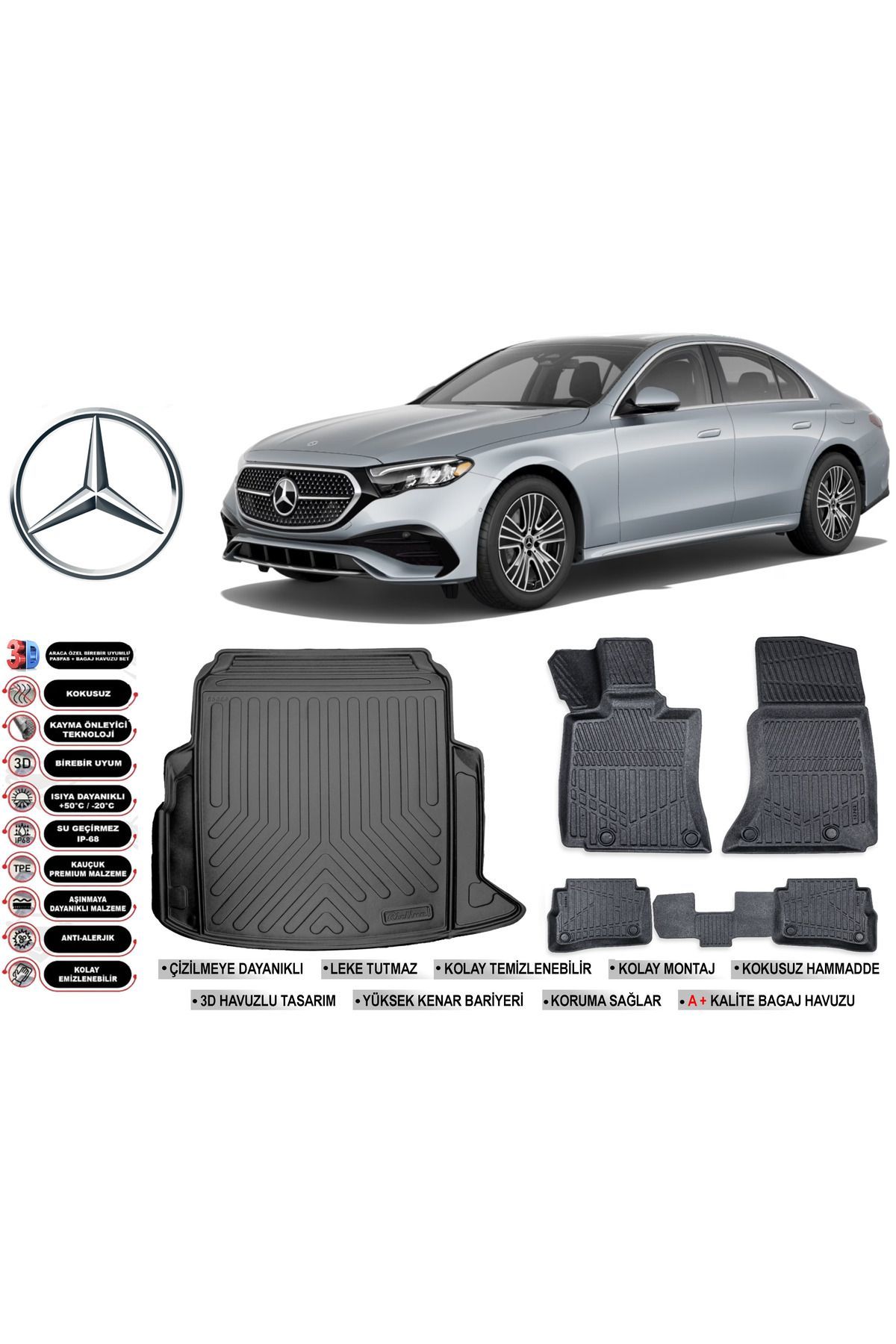 Mercedes E Serisi W214 2024 Model Bagaj Havuzu Araca Özel Siyah Havuzlu Paspas Takımı Sett