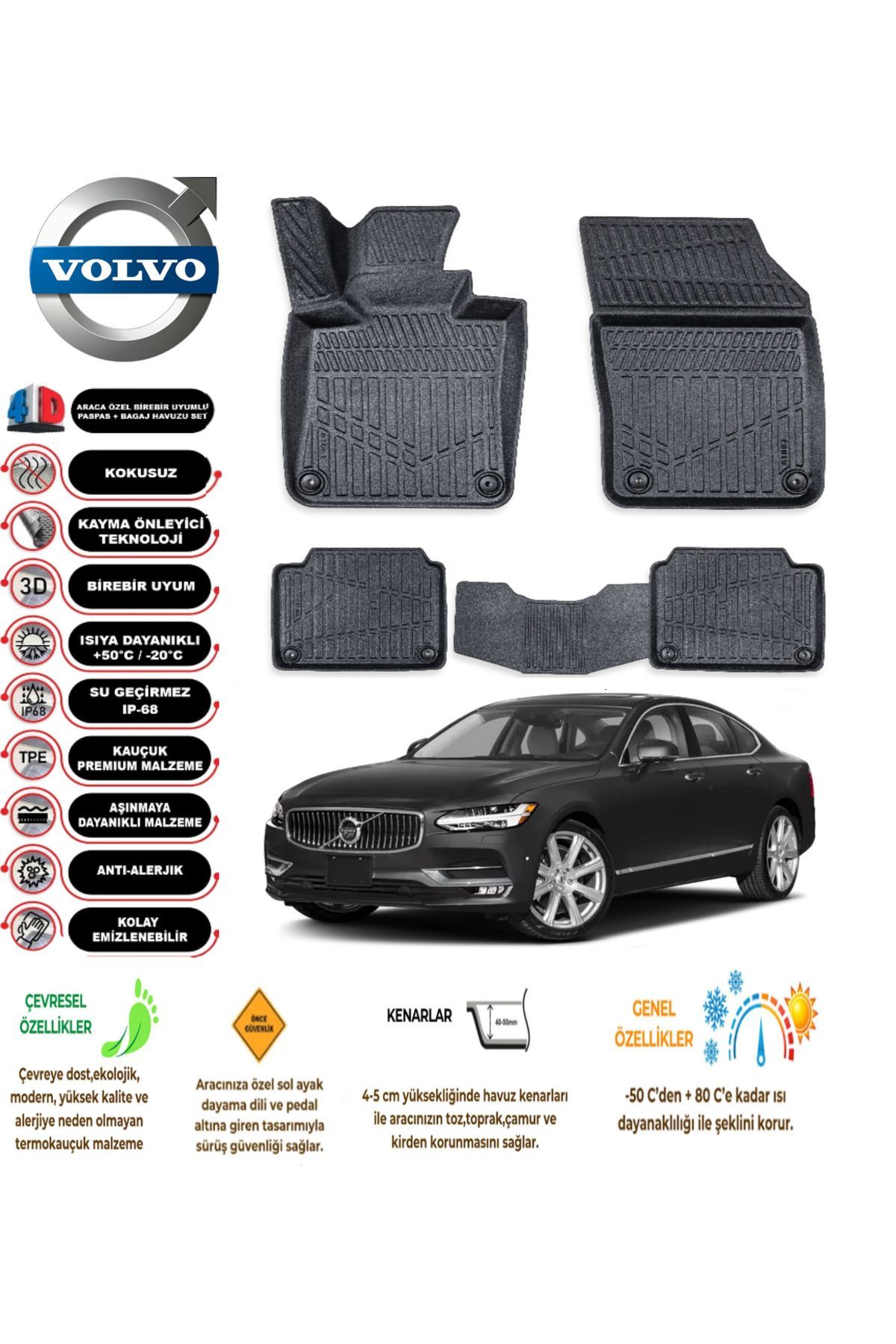 Volvo S90 2022 Model 4D Araca Özel Havuzlu Paspas Takımı