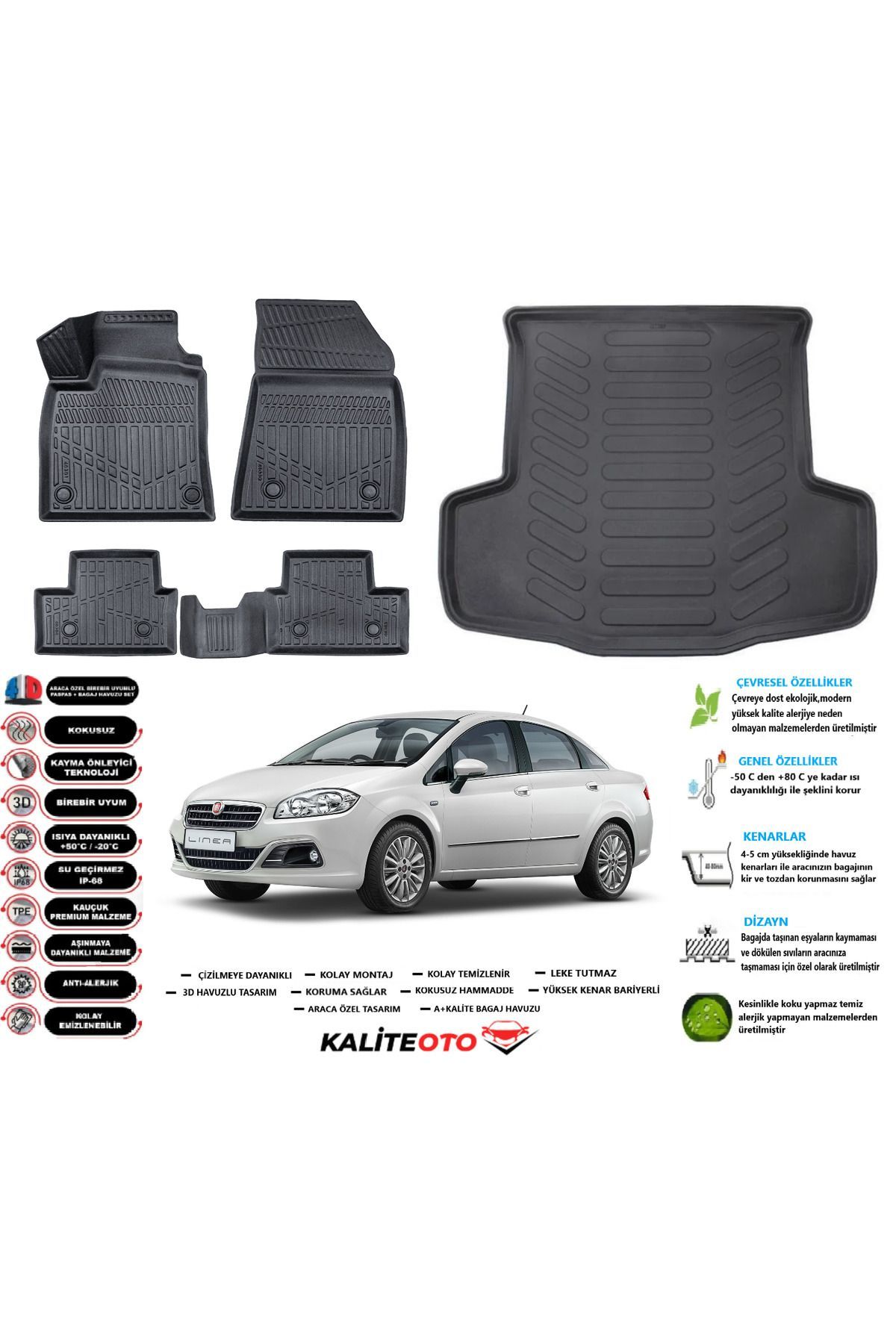 Fiat Linea 2014 Model Esnek Bagaj Havuzu Araca Özel Siyah Paspas Takımı