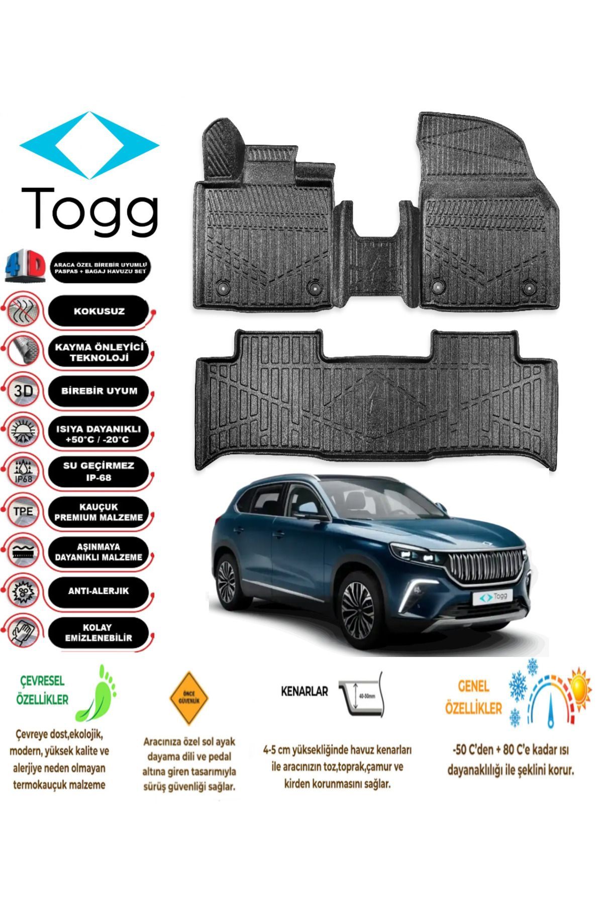 Togg T10X 2024 Model 4D Araca Özel Havuzlu Paspas Takımı