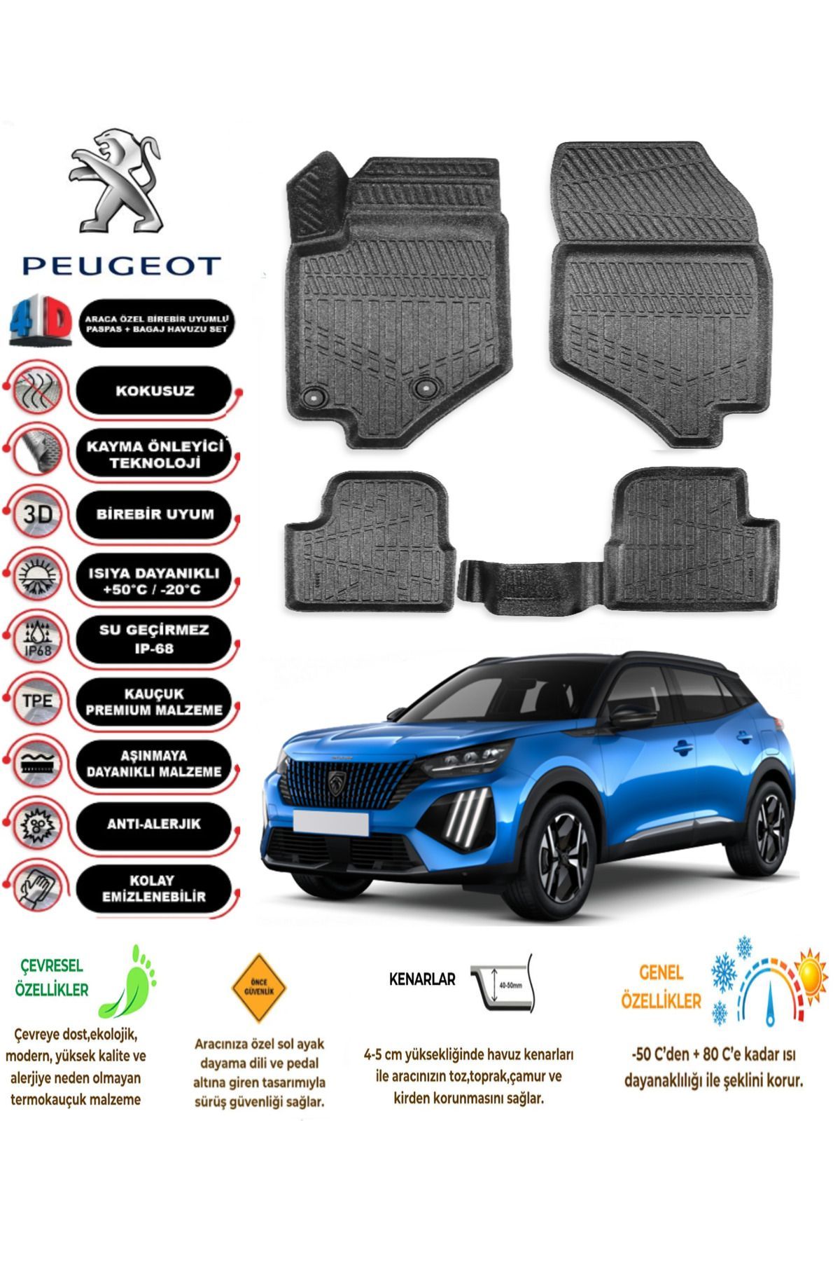 Peugeot 2008 2019 Model 4D Araca Özel Havuzlu Paspas Takımı