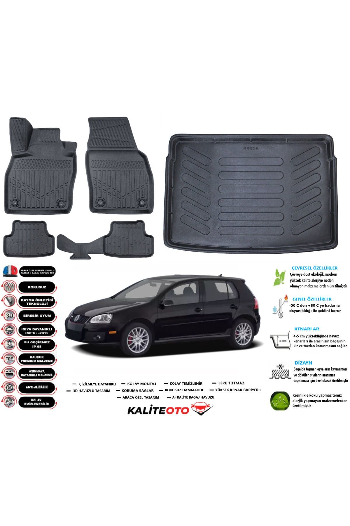 Volkswagen Golf 5 2006 Model Esnek Bagaj Havuzu Araca Özel Siyah Paspas Takımı