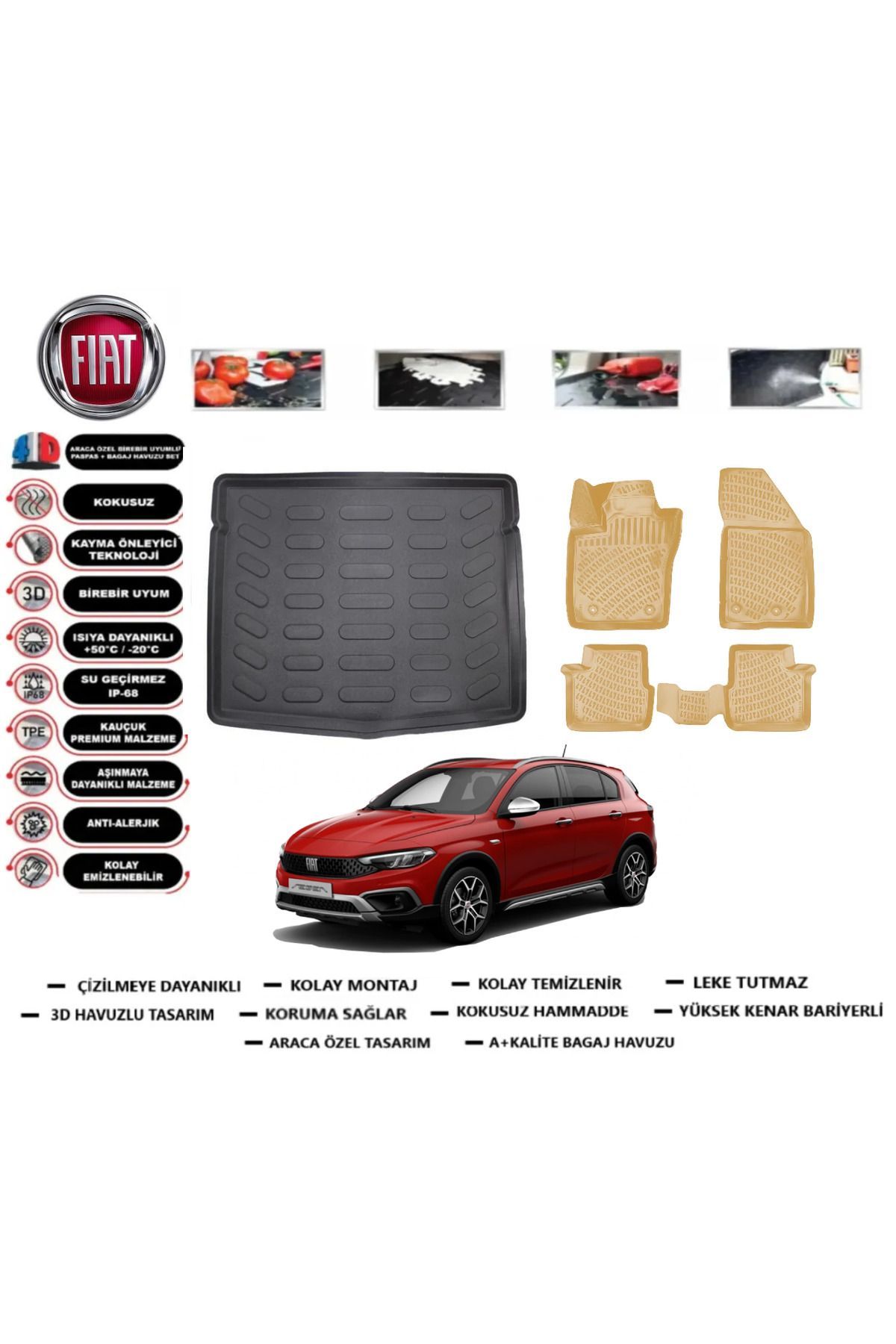 Fiat Egea Cross 2021 Model uyumlu Stepneli Bagaj Havuzu+Araca Özel Bej Paspas Takımı Flex