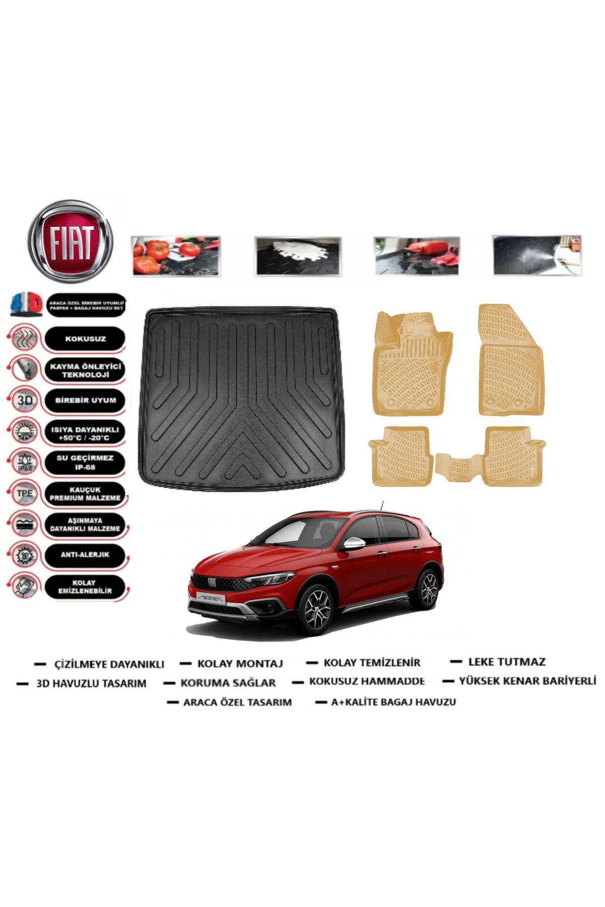 Fiat Egea Cross 2022 Model Tamir Kitli Bagaj Havuzu+Araca Özel Bej Paspas Takımı Flex