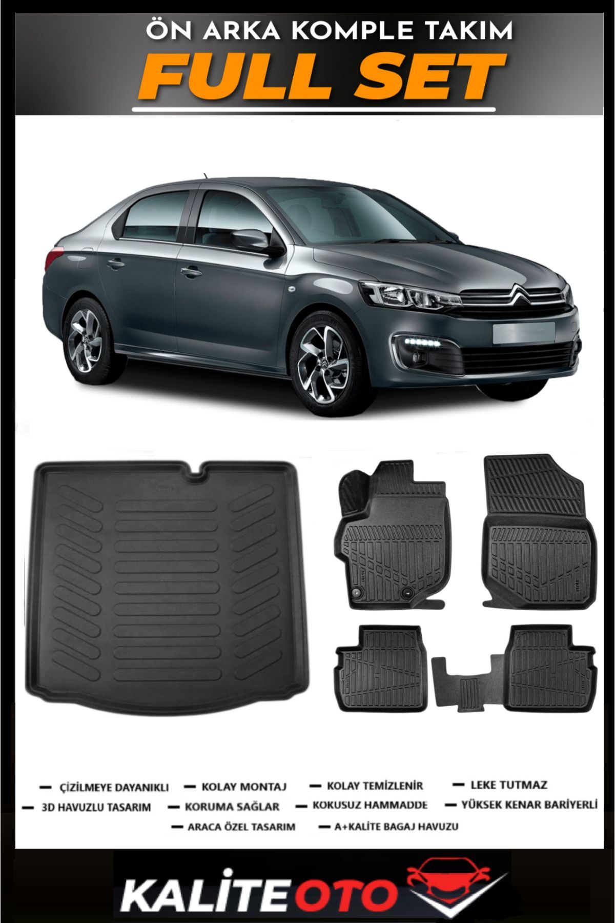 Citroen C-Elysee Bagaj Havuzu+4.5D Havuzlu Paspas Seti 2018 Model
