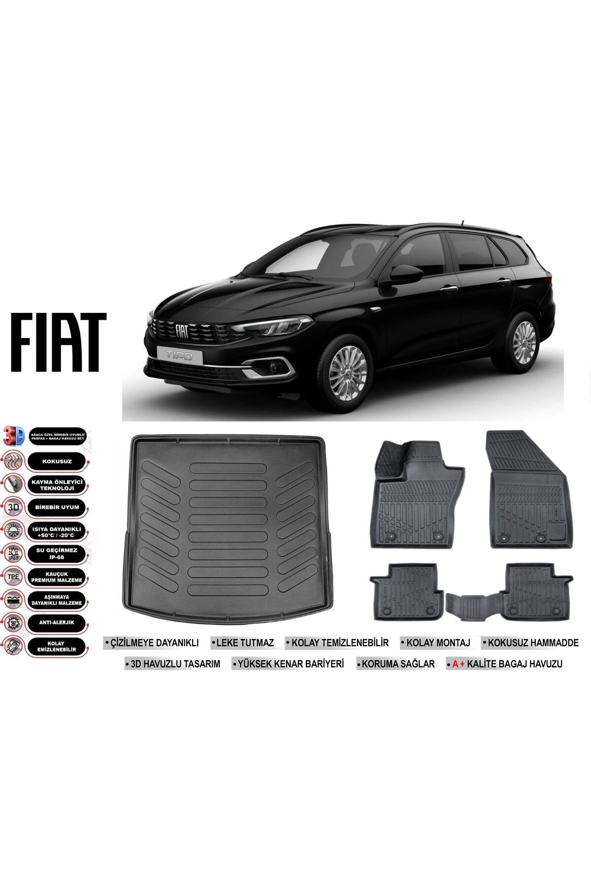 Fiat Egea Station Vagon 2022 Model Üst Bagaj Havuzu Araca Özel Siyah Havuzlu Paspas Takımı Sett