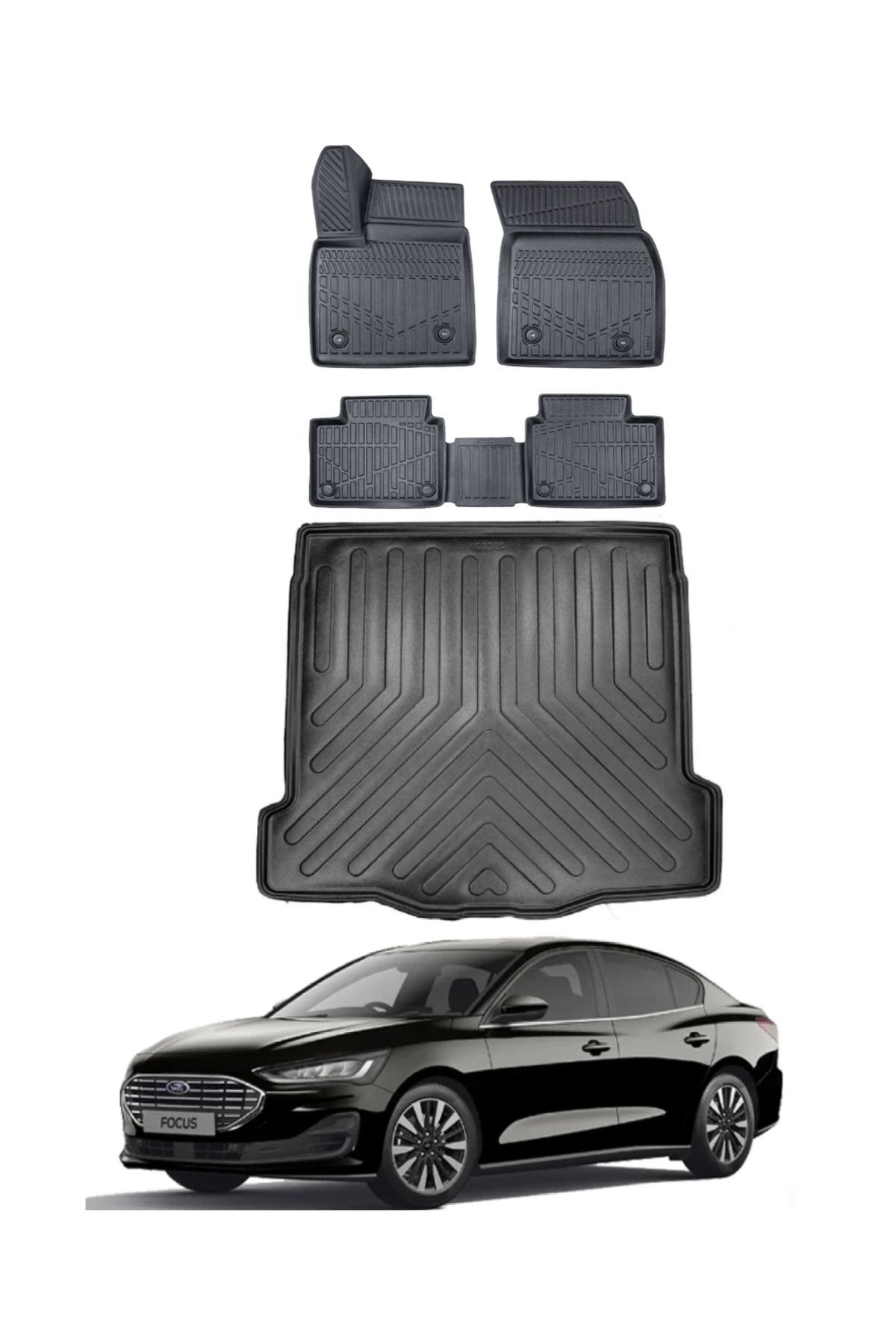Ford Focus 5 Sedan 2019 Model İnce Stepneli Bagaj Havuzu Araca Özel Siyah Paspas Takımı