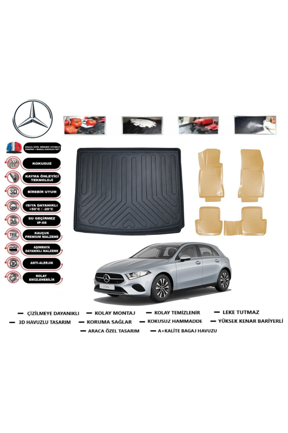 Mercedes A Serisi W177 SD Kulaksız 2023 Model Bagaj Havuzu+Araca Özel Bej Paspas Takımı Flex