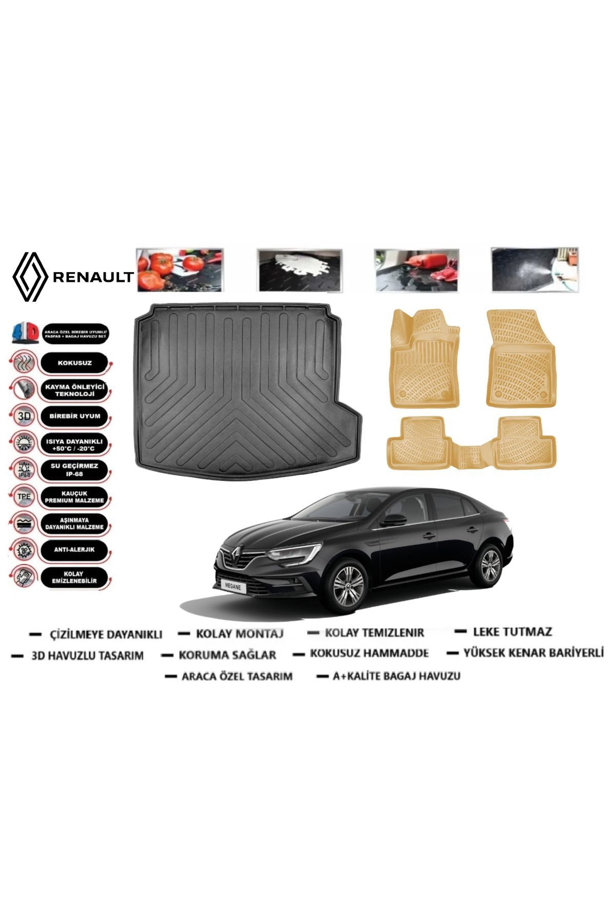 Renault Megane 4 Sedan 2023 Model Sağ Kulaklı Bagaj Havuzu+Araca Özel Bej Paspas Takımı Flex