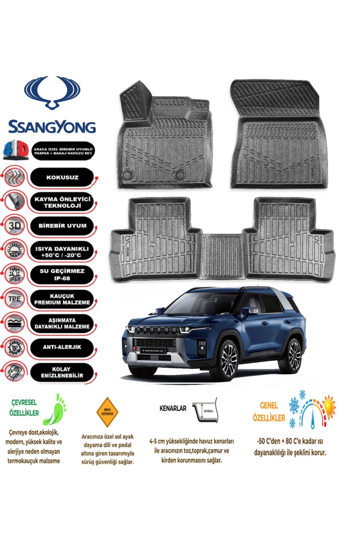 Ssangyong Torres EVX 2024 Model 4D Araca Özel Havuzlu Paspas Takımı