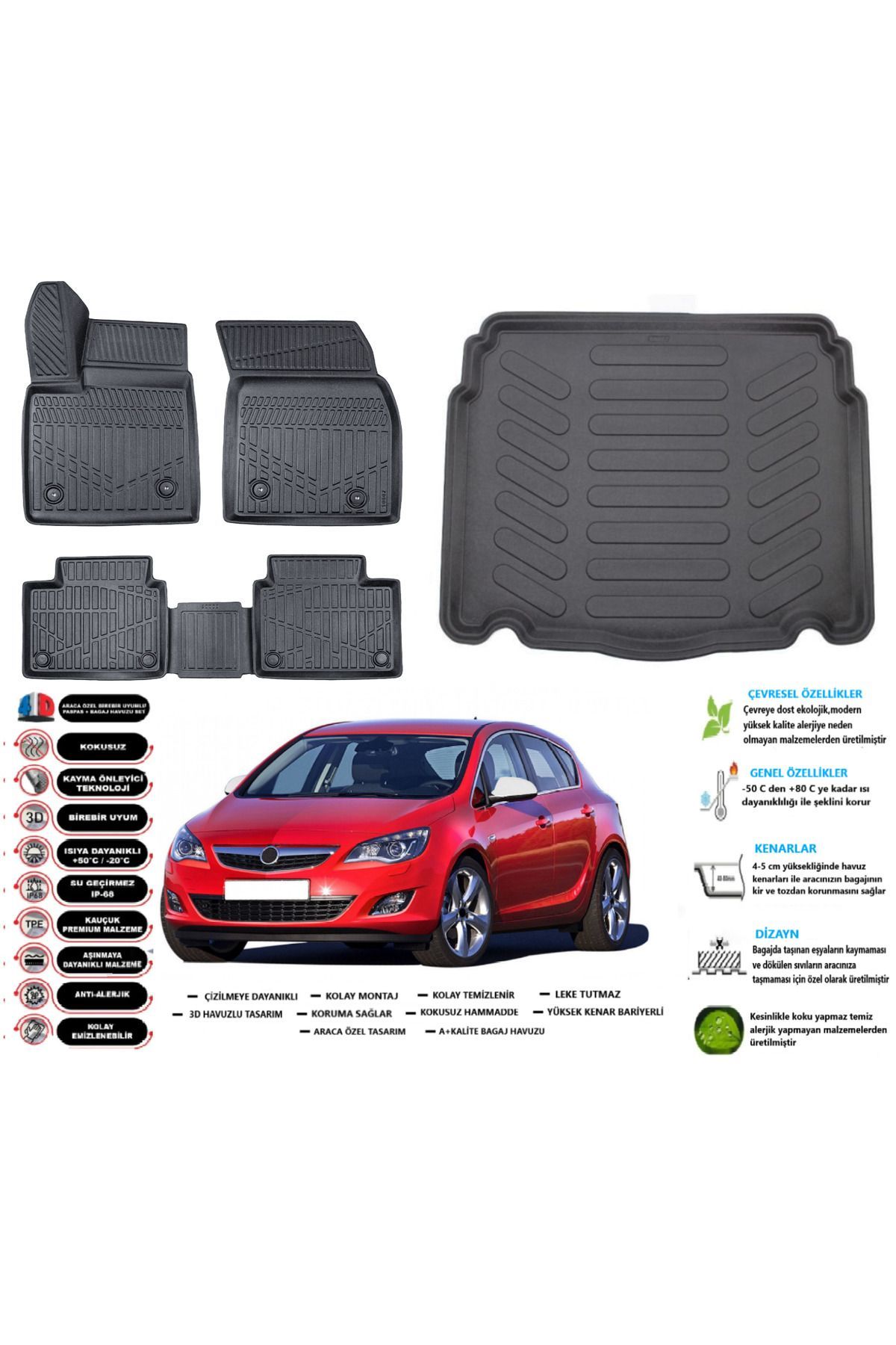 Opel Astra J HB 2014 Model Esnek Bagaj Havuzu Araca Özel Siyah Paspas Takımı