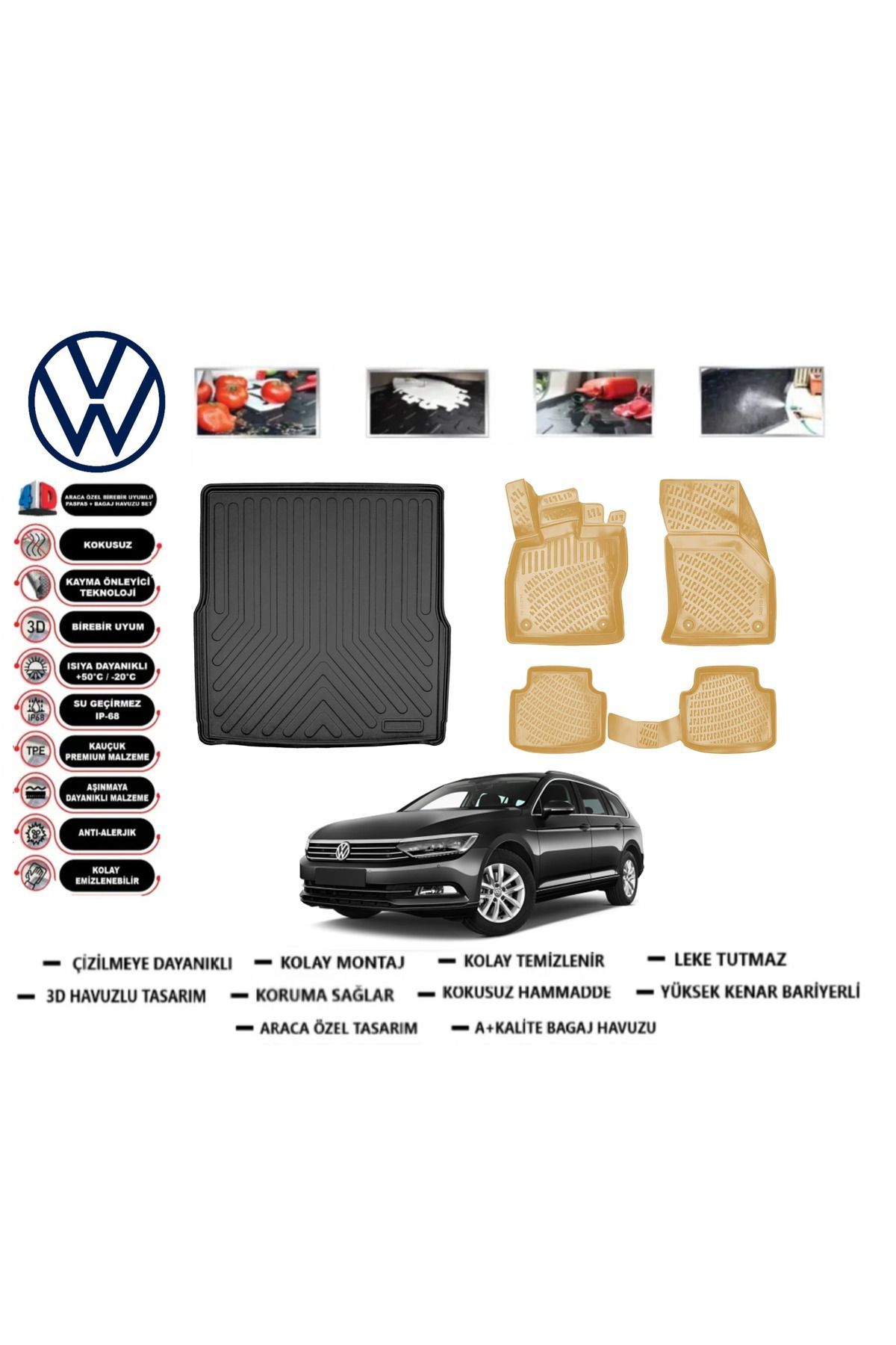 Volkswagen Passat B8 Variant 2019 Model Bagaj Havuzu+Araca Özel Bej Paspas Takımı Flex