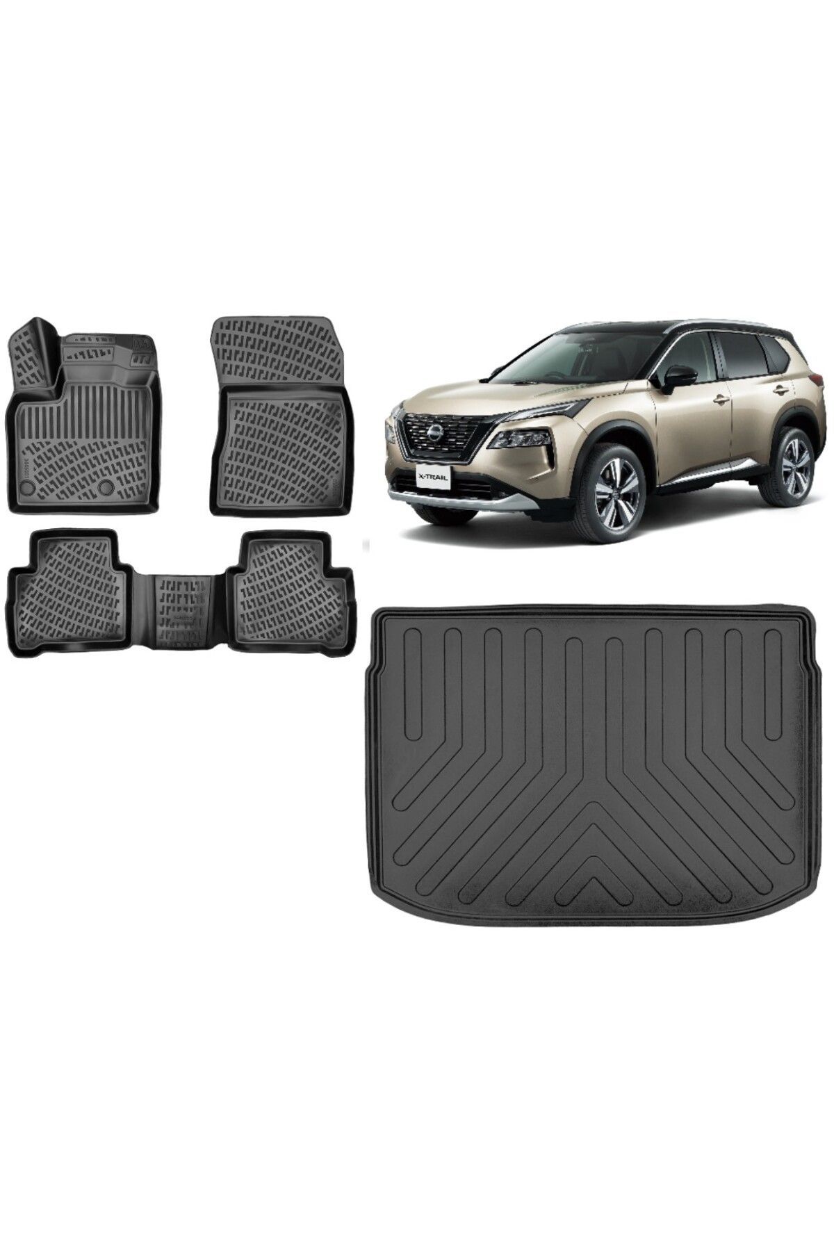 Nissan X-Trail 5 Koltuk 2023 Model Bagaj Havuzu+3D Havuzlu Araca Özel Paspas Takımı