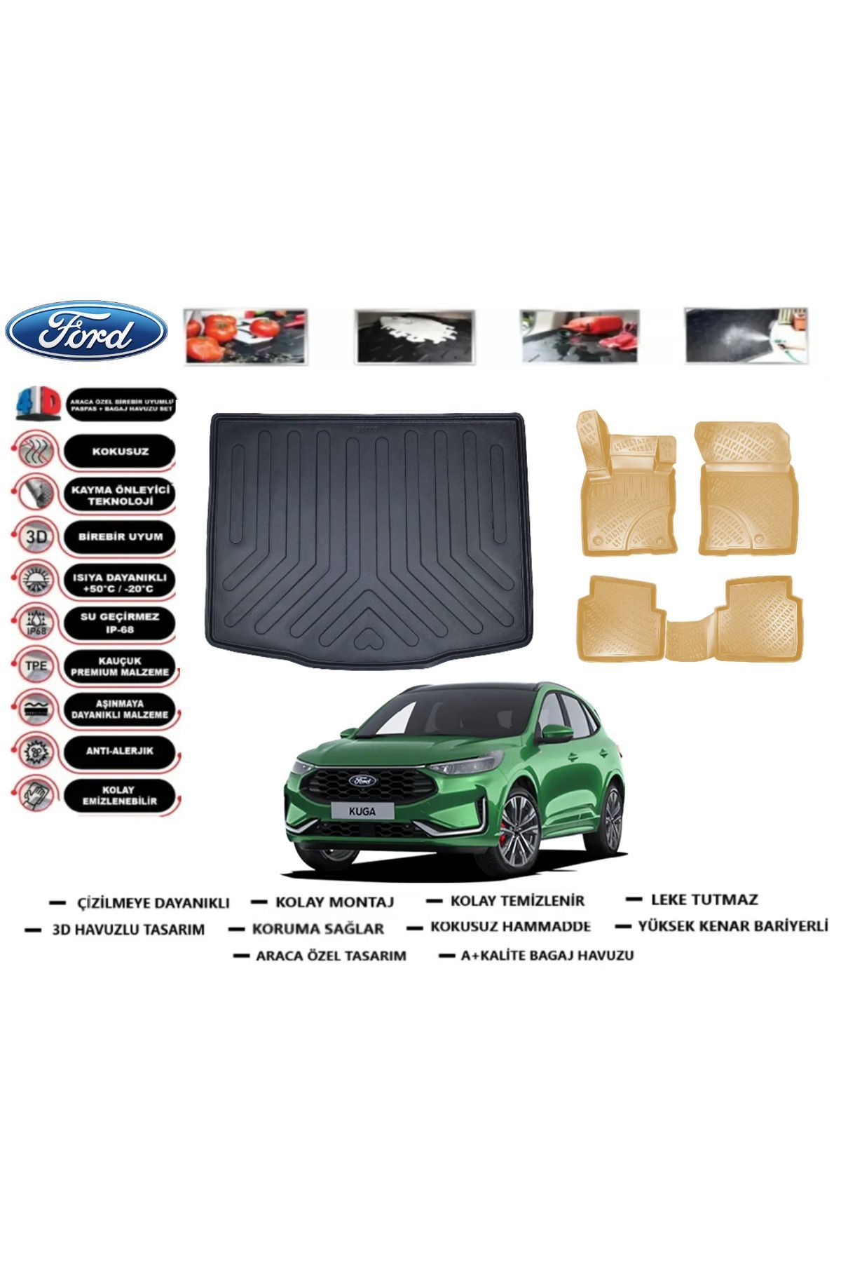 Ford Kuga 2022 Model Bagaj Havuzu+Araca Özel Bej Paspas Takımı Flex