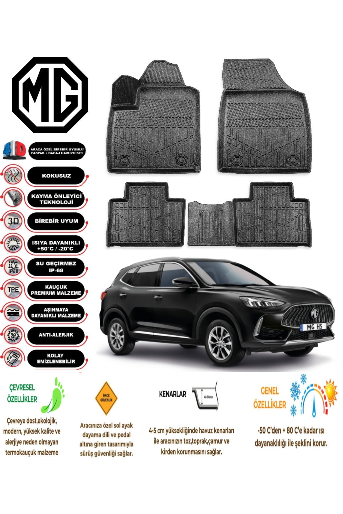 MG HS Benzinli 2018 Model 4D Araca Özel Havuzlu Paspas Takımı