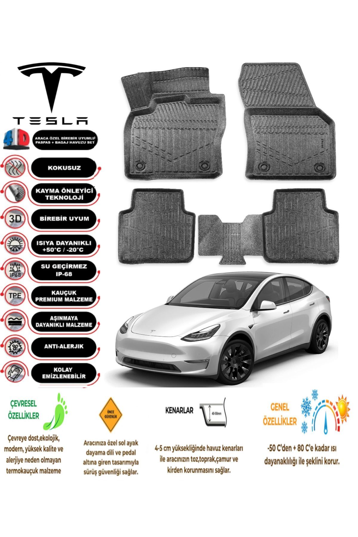 Tesla Model Y 2020 Model 4D Araca Özel Havuzlu Paspas Takımı
