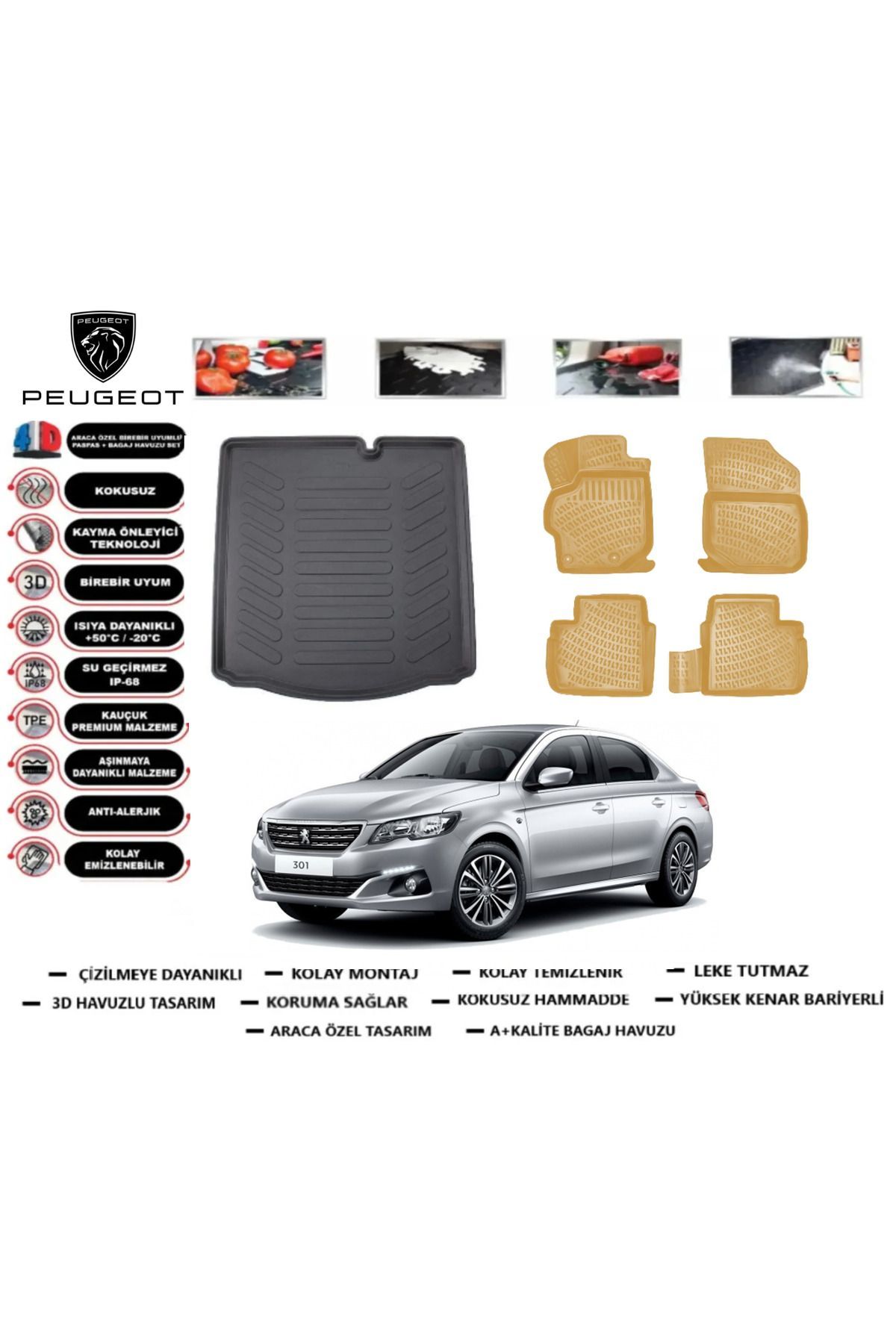 Peugeot 301 2020 Model Bagaj Havuzu(paspası)+Araca Özel Bej Paspas Takımı Flex