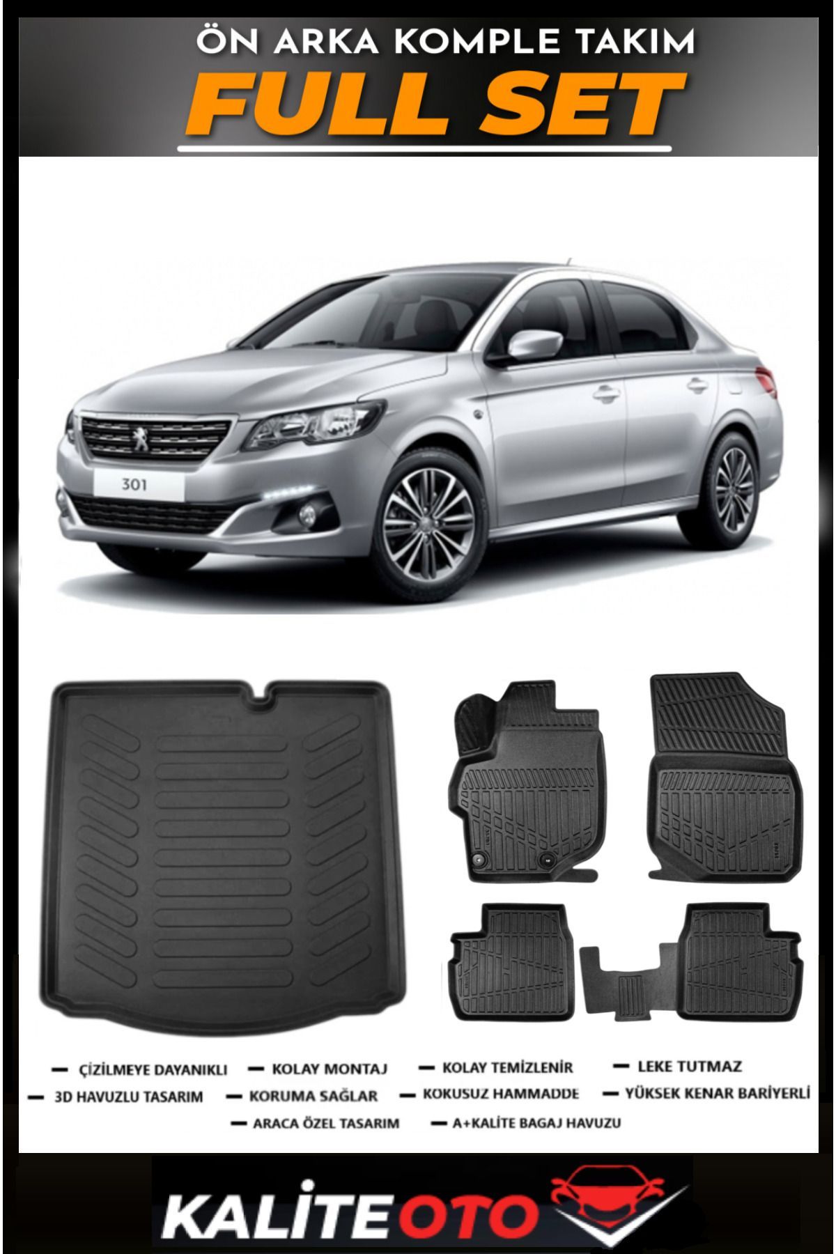 Peugeot 301 Bagaj Havuzu+4.5D Havuzlu Paspas Seti 2022 Model