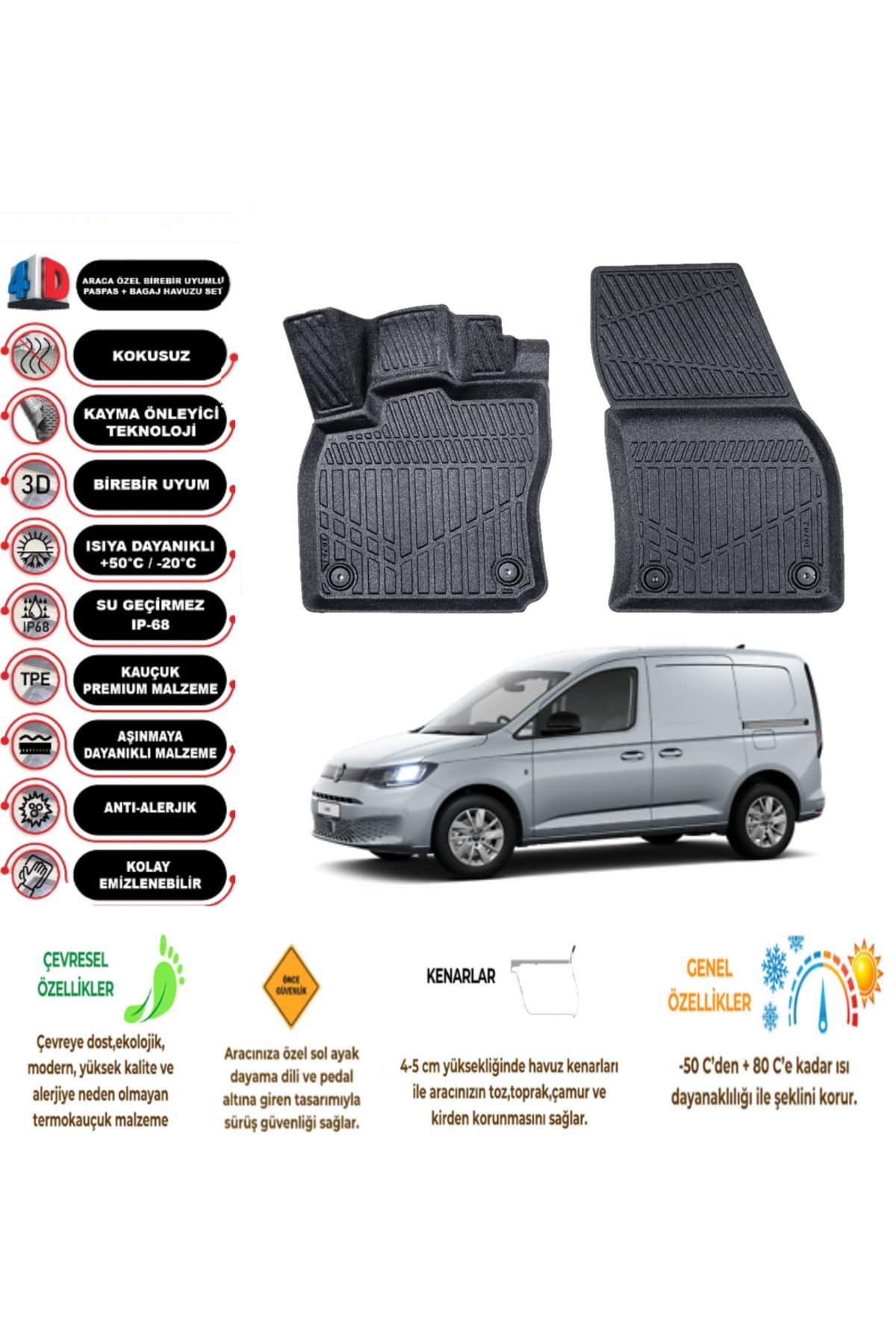 Volkswagen Caddy PANELVAN 2021 Model 4D Havuzlu Paspas (2 parça)