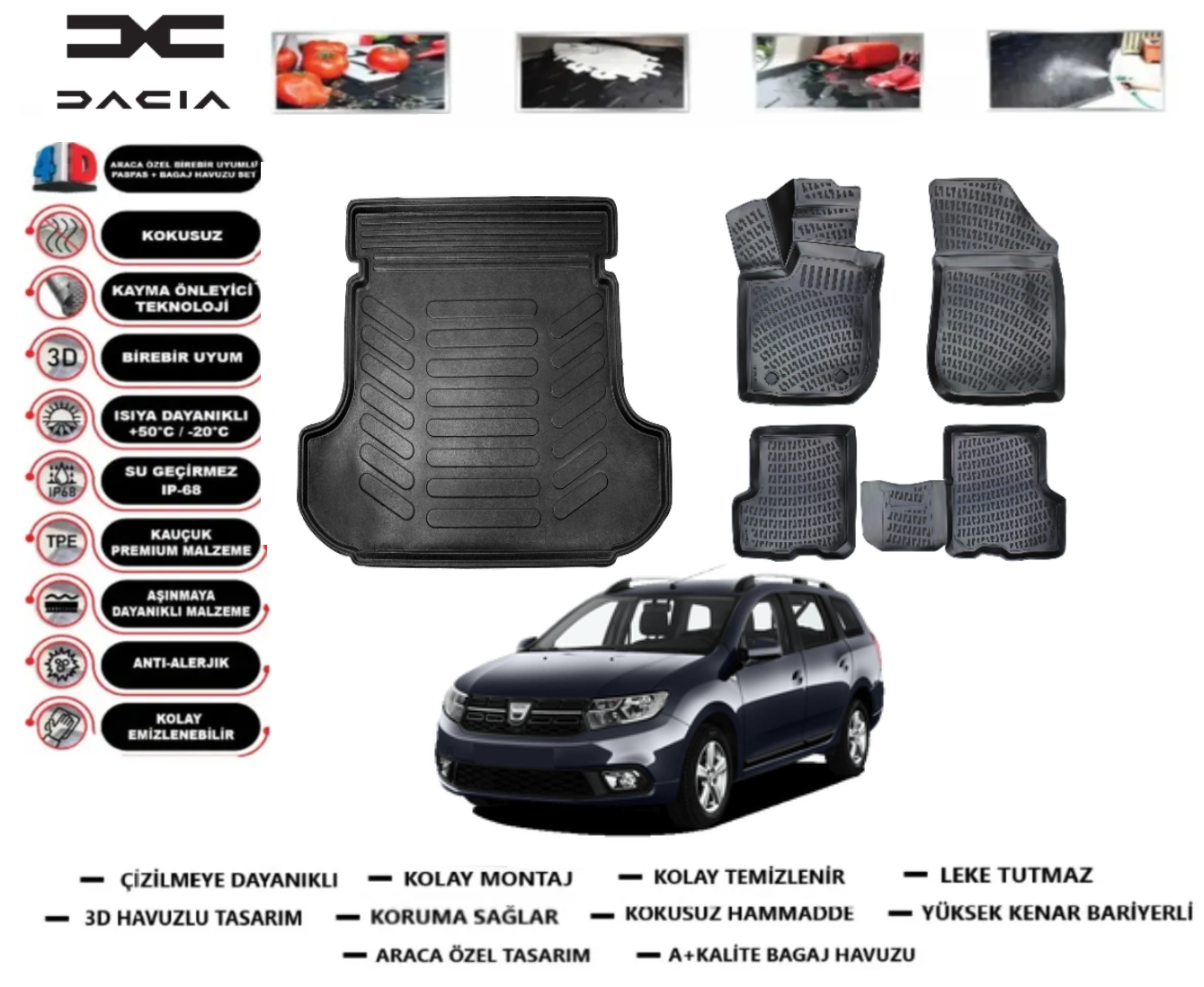 Dacia Logan 2012 Sonrası 3D Bagaj Havuzu+3D Araca Özel Paspas Takımı