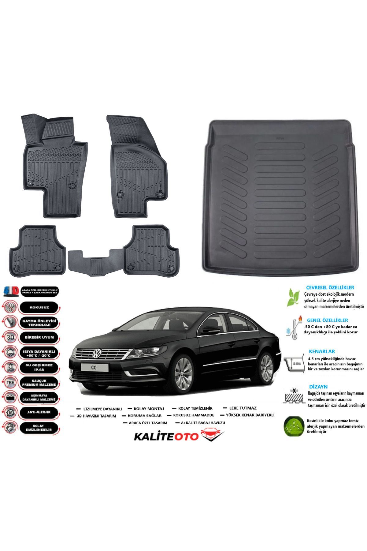 Volkswagen Passat CC 2008 Model Esnek Bagaj Havuzu Araca Özel Siyah Paspas Takımı