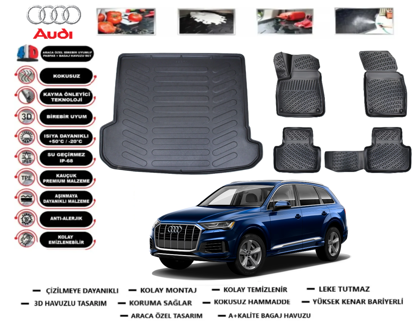 Audi Q7 2016 Sonrası 3D Bagaj Havuzu+3D Araca Özel Paspas Takımı