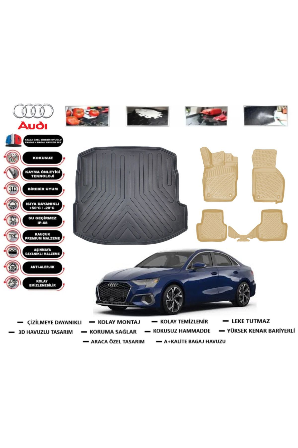 Audi A3 Sedan 2022 Model Bagaj Havuzu+Araca Özel Bej Paspas Takımı Flex