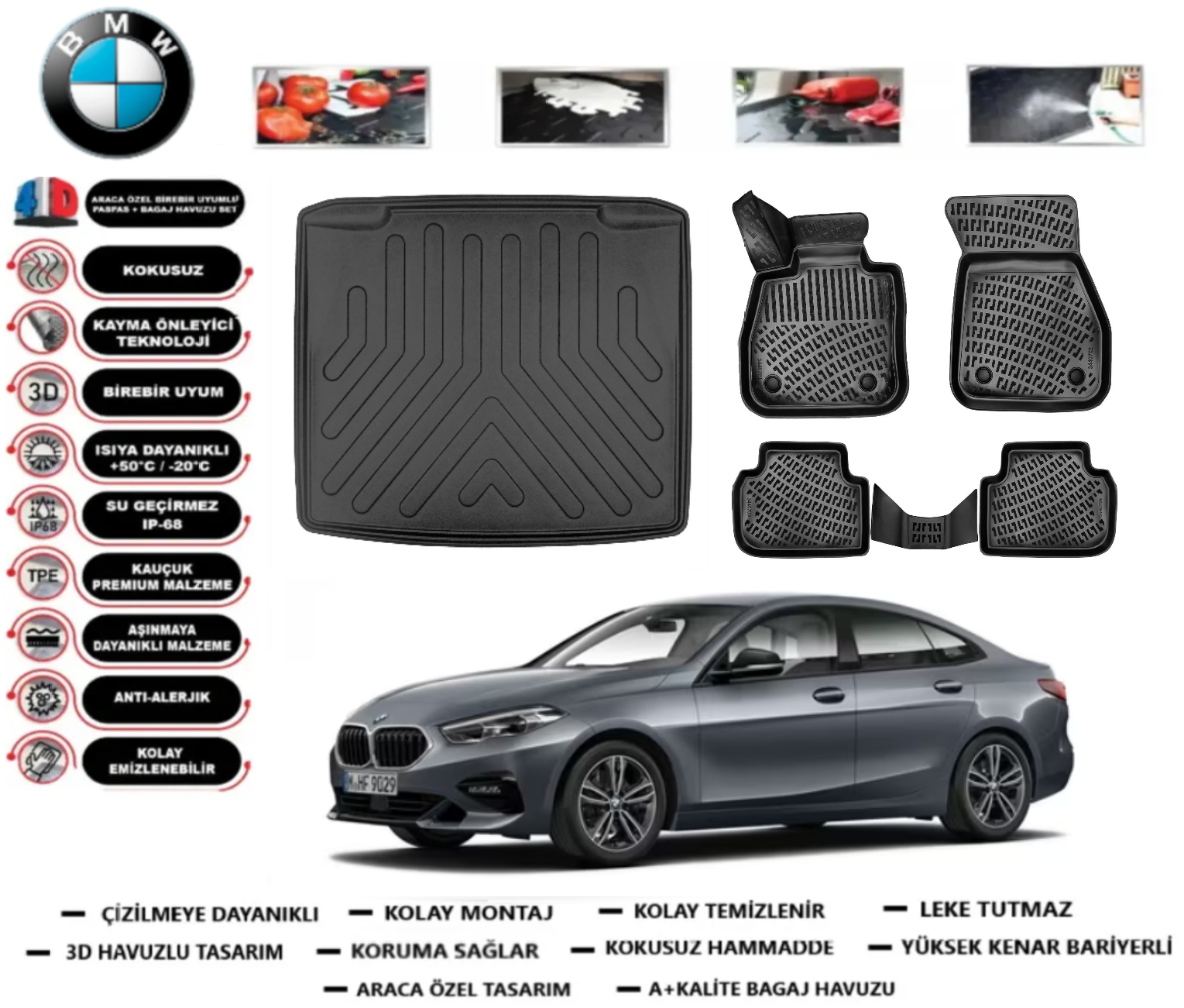 Bmw 2 Serisi F44 Gran Coupe 2019 Sonrası Alt Bagaj Havuzu+3D Araca Özel Havuzlu Paspas Takımı