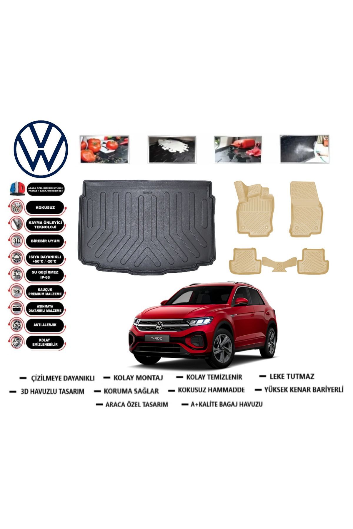 Volkswagen T-Roc 2019 Model Alt Bagaj Havuzu(paspası)+Araca Özel Bej Paspas Takımı Flex
