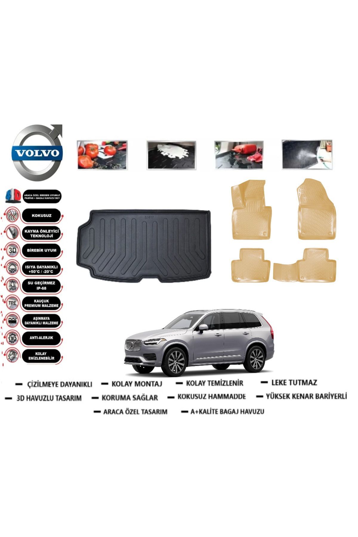 Volvo XC90 2022 Model 7 Koltuk Bagaj Havuzu(paspası)+Araca Özel Bej Paspas Takımı Flex