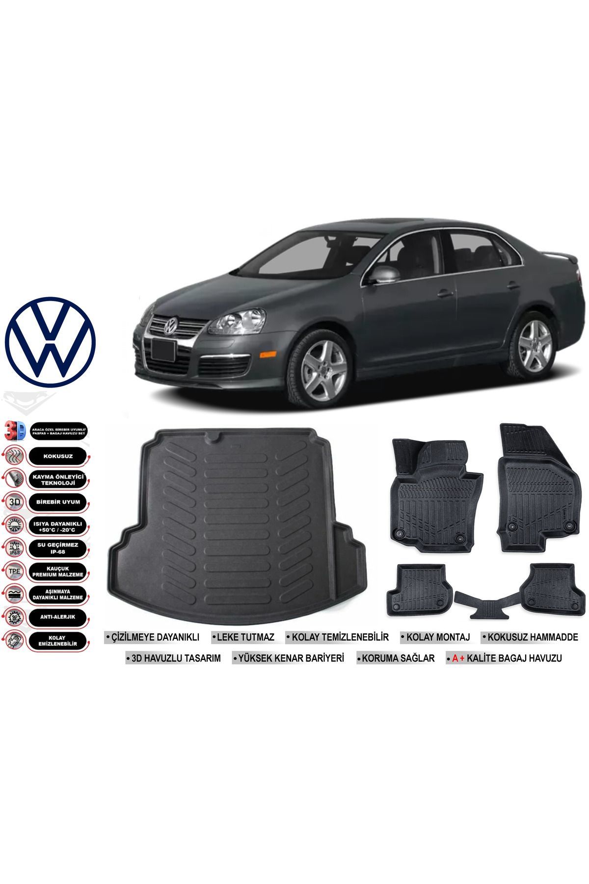 Volkswagen Jetta 2009 Model Bagaj Havuzu Araca Özel Siyah Havuzlu Paspas Takımı Sett