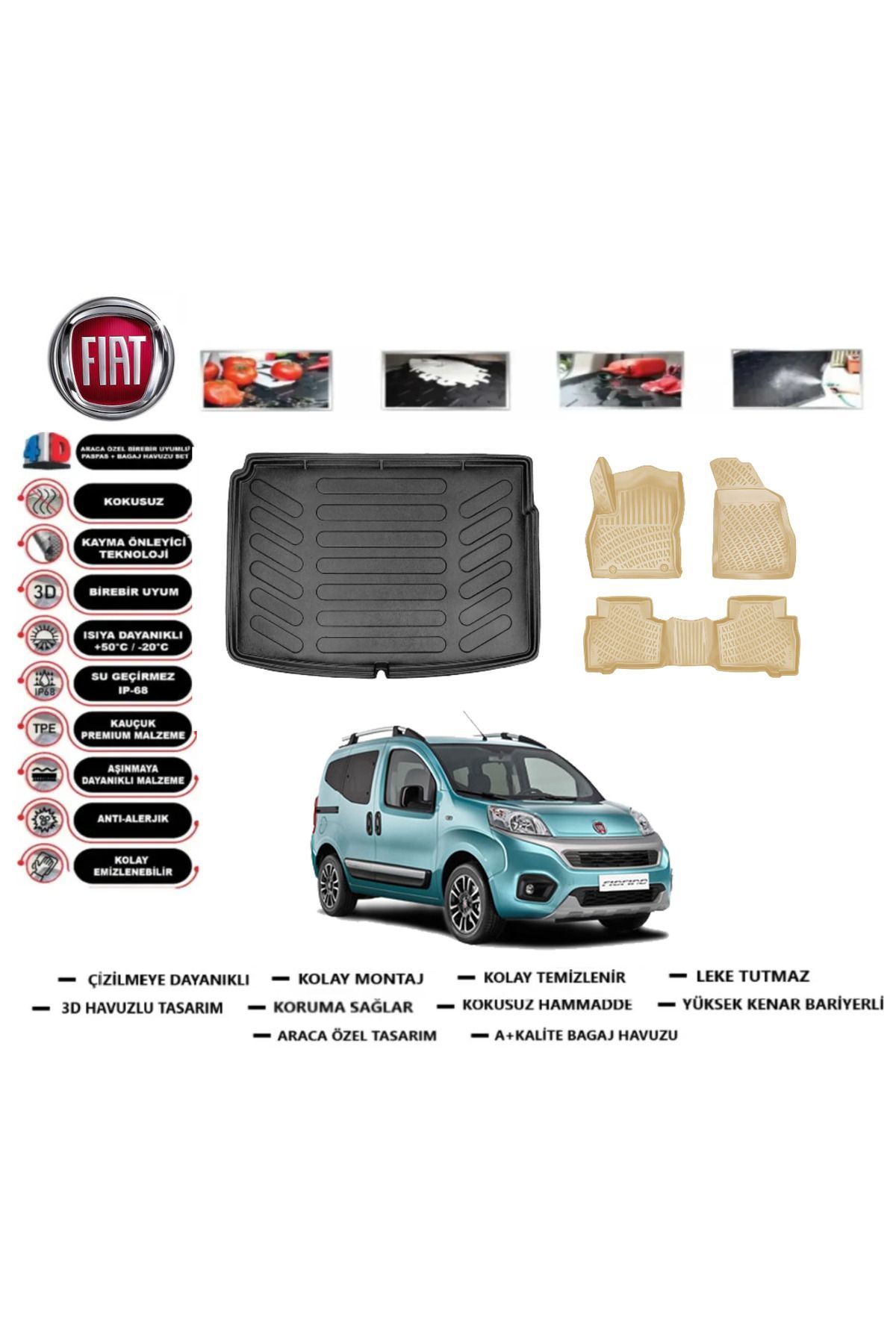 Fiat Fiorino 2022 Model Plastik Zemin Bagaj Havuzu+Araca Özel Bej Paspas Takımı Flex