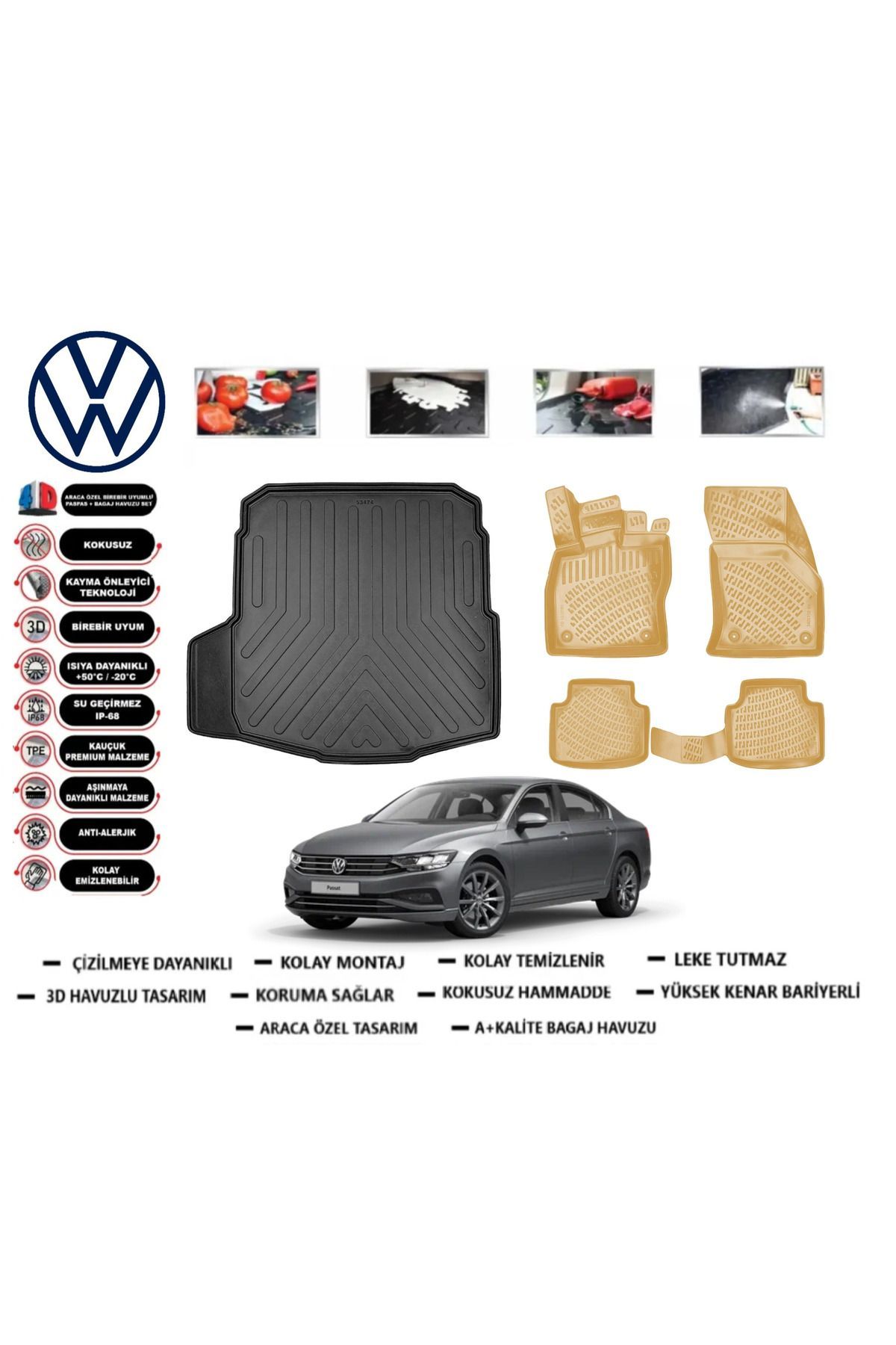 Volkswagen Passat B8 Impression 2016 Model Bagaj Havuzu+Araca Özel Bej Paspas Takımı Flex