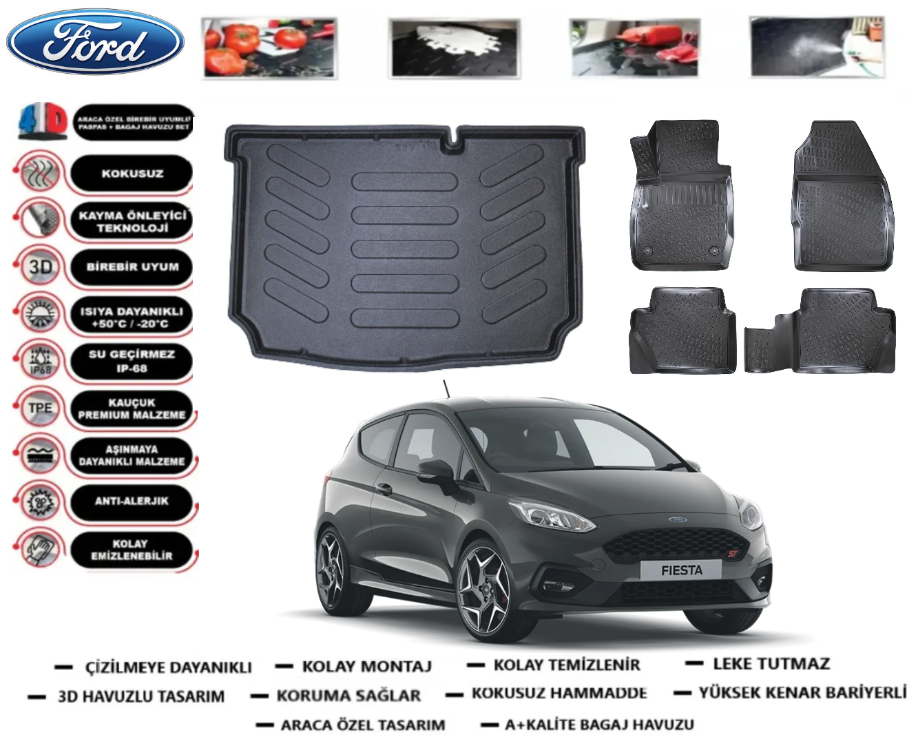 Ford Fiesta 2017 Sonrası 3D Bagaj Havuzu+3D Araca Özel Paspas Takımı